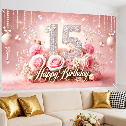 Image of Nuxovilar 15th Birthday Banner - Elegant Pink & Gold Floral Backdrop