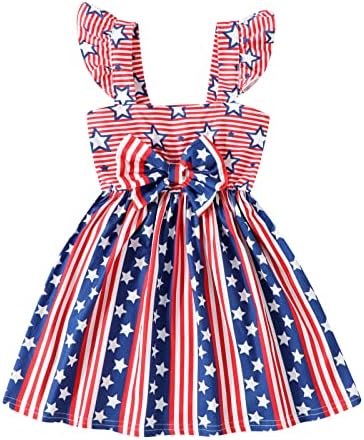 Girls 4th of July Dress Toddler American Flag Flutter Sleeve Bowknot Sundress Baby Stars Stripes Patriotic Clothes