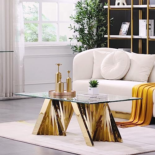 Anewsun 50' Gold Glass Coffee Table, Modern Rectangle Clear Center Table with Gorgeous Stainless Steel Geometric Base for Living Room