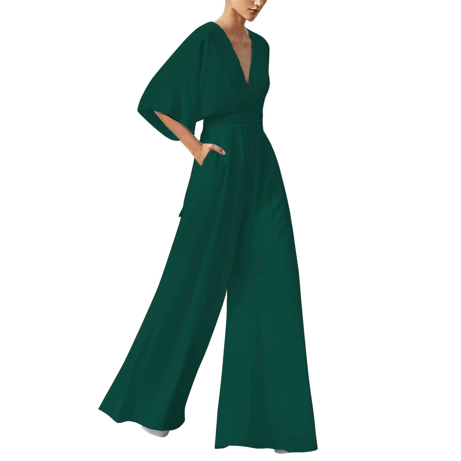 Generic Pantalones Largos Mujer Verano cintura alta informales de manga larga con escote en V profundo para mujer Body Adulto