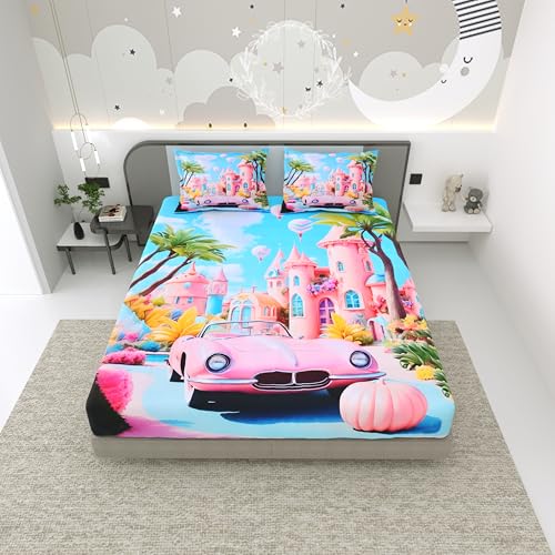 Image of Dream Weaverz 7D Bedsheet for Double Bed King Size with 2 Pillow Covers | Princess Castle & Pink Car Theme Digital Printed & Fitted Elastic for Kids | Glaze Cotton | Fits Upto 10 Inch Mattress