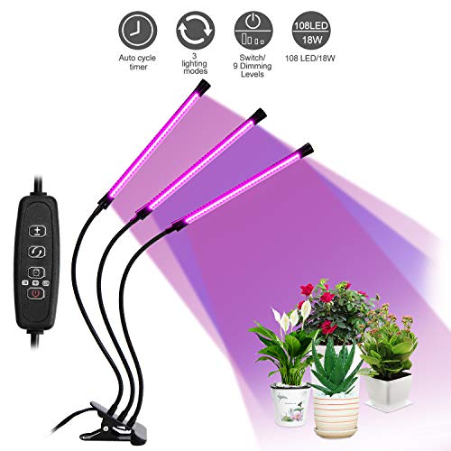 LEBANDWIT LED Plant Grow Lights for Indoor Plants, Auto on/Off with 3 Timer Setting 3H / 9H / 12H 3 Lighting Modes 9 Dimmable Brightness, 108 LEDs Growth Lamp (3 Head 27W)
