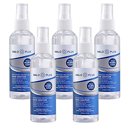 Halo Plus 5pcs Hand Sanitiser Gel 75% Alcohol 100ml - Anti-Bacterial Hand Hygiene Sanitiser Gel Rub Kills 99.9% Germs Instantly, Fragrance Free Hand Sanitizer Gel in Pump Bottle