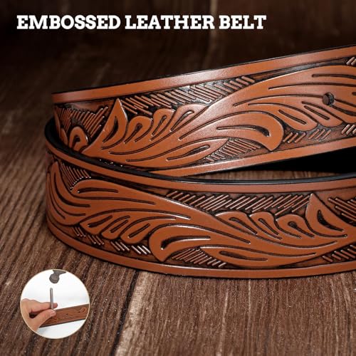 Image of SANSTHS Western Cowboy Belts for Men Women, Mens Western Belt Bull Buckle Country Belt Cowboy Leather Belt for Jeans