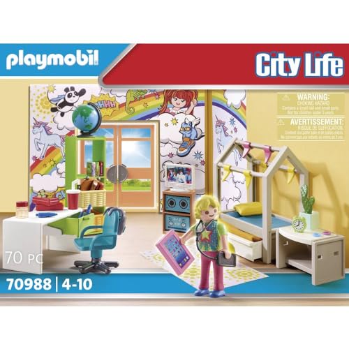 Playmobil 70988 Chambre d'adolescent - City Life - avec Un Personnage, Un Bureau avec Une Chaise, Un Globe terrestre et des Accessoires - Aménagement pièce...