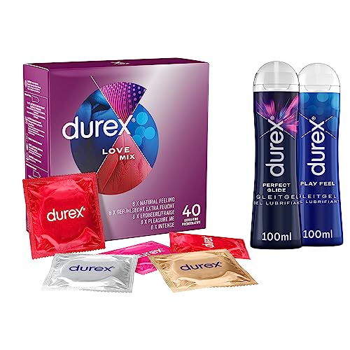 Durex Love Mix Kondom-Set mit Durex Love Mix Kondomen - 40er Großpackung (1 x 40 Stück) & Durex Play Gleitgel Ausprobierpaket für Sie und Ihn | Perfect Glide & Feel (2 x 100ml)
