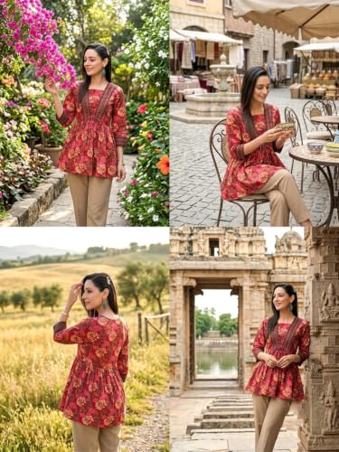 Image of Leriya Fashion Women's Rayon Paisley Printed Tunic Western Tops Short Kurti - Comfortable Everyday Wear & Half Sleeves, Collar Neck (Available in Plus Size)