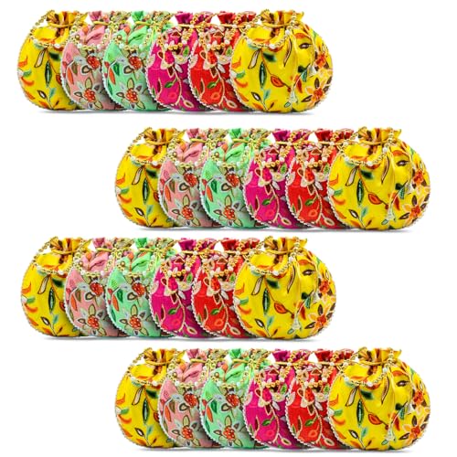 Image of Women Potli Bags | Zari Embroidered Silk With Drawstring | Traditional Return Gifts for Mehandi, Haldi, Baby Shower, Wedding, Sangeet, Seemantham