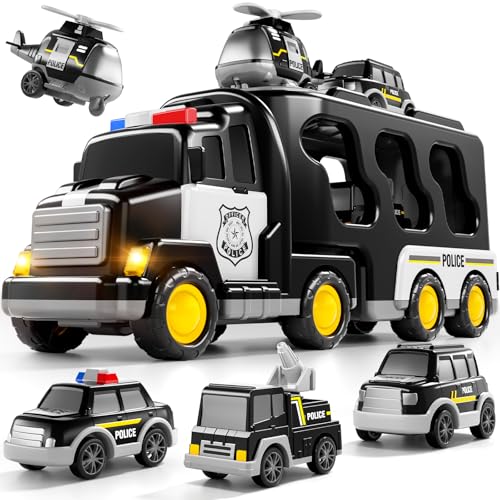 Bennol Toddler 5 in 1 Police Truck Toys for 1 2 3 4 5 Year Old Boys, Police Rescue Vehicles Car Trucks Bus Helicopter for Kids Ages 1-3 3-5, Car Toys for 1 2 3 4 5 Year Old Boys Girls Birthday Gifts