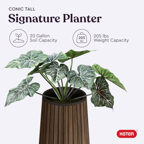 Image of Keter Signature Conic 28.5 Inch Tall Round Large Wood Look Planter for Indoor or Outdoor Flower Pot Ideal for Patio Deck and Front Porch Decor, Rosewood