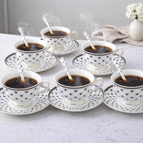 Image of Tableware Bone China White Black Cups and Saucer, 180 ml Tea Cup Set of 6 Cup and Saucer Set for Tea Milk & Coffee Chai, Tea Cup Set Coffee Cups Crockery Set Ideal for Daily Use & Gifting