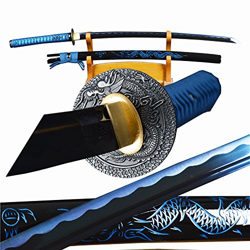 YJ COOL Dragon Tsuba & Sheath Japanese Samurai Katana Noble Blue Sword Carbon