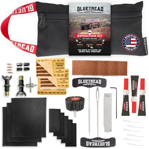 GlueTread Expedition All-Inclusive Off-Road Tire Repair Kit | Repair Any Kind of Tire Damage or Puncture | Includes Sidewall Tire Repair Patches Plugs and Colby Emergency Valve Stems