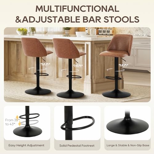 COLAMY Bar Stools Set of 2, Modern Swivel Bar Chairs, Adjustable PU Leather Upholstered Barstools Counter Height with Full Backrest for Bar, Dining Room, Kitchen Island, Brown