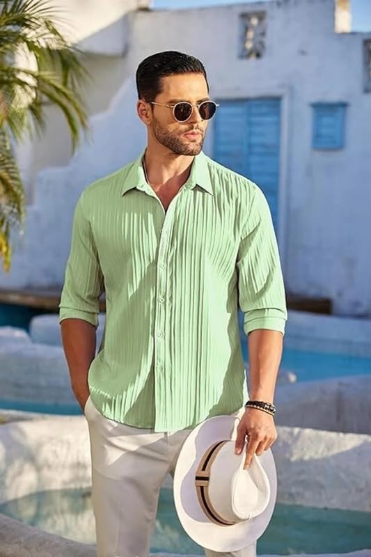 Image of DEELMO Combo of Men's Casual Button Down Shirts Long Sleeve Linen Shirt Fashion Textured Summer Shirts Pack of 2