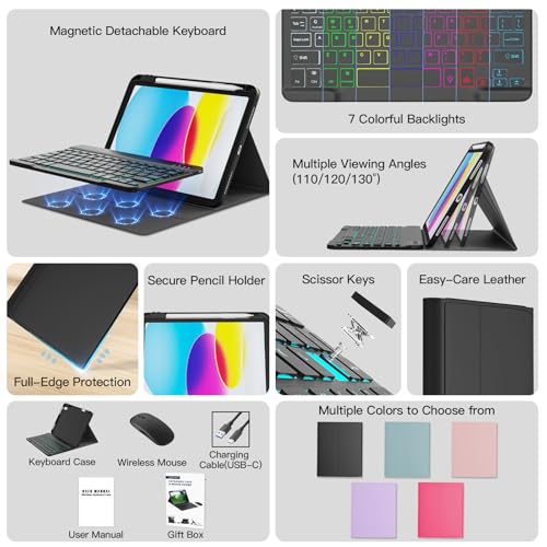 Image of RAYMCRAFT for iPad 11th (A16, 2025) /10th Generation Case with Keyboard, Mouse and Detachable Wireless Keyboard, 7-Color Backlight, Slim Case with Pencil Holder Black