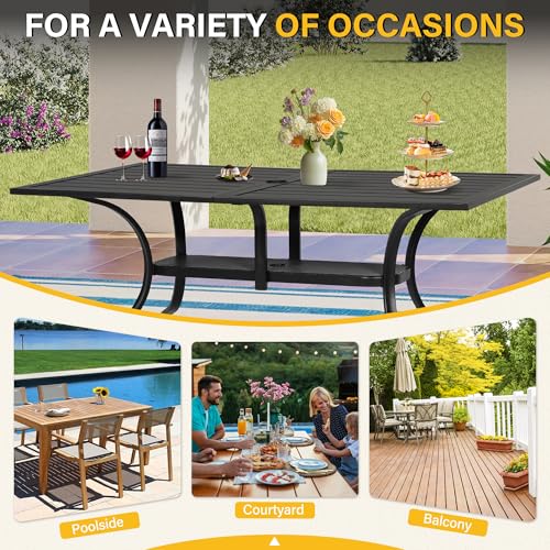 Image of Patio Dining Table, 60 inch x 37 inchOutdoor Rectangular Metal Table,1.57 inch Umbrella Hole, for Backyards, Porches, Gardens or Poolside, Black
