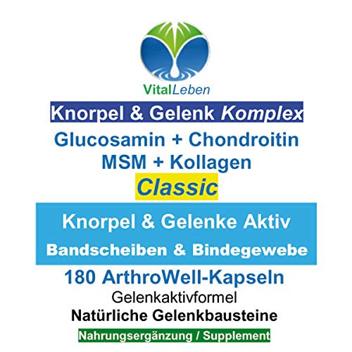 Knorpel & Gelenke Komplex Classic 180 ArthroWell Gelenk-Kapseln – Natürliche Gelenkbausteine Glucosamin + Chondroitin + MSM + Kollagen. 26441