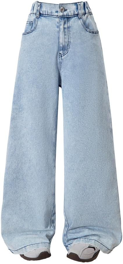 Nivne Tco Tween Girls Wide Leg Jeans - Zipper Fly and Bow Embroidery Back, Denim Pants with Pockets for Girls