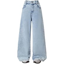 Nivne Tco Tween Girls Wide Leg Jeans - Zipper Fly and Bow Embroidery Back, Denim Pants with Pockets for Girls