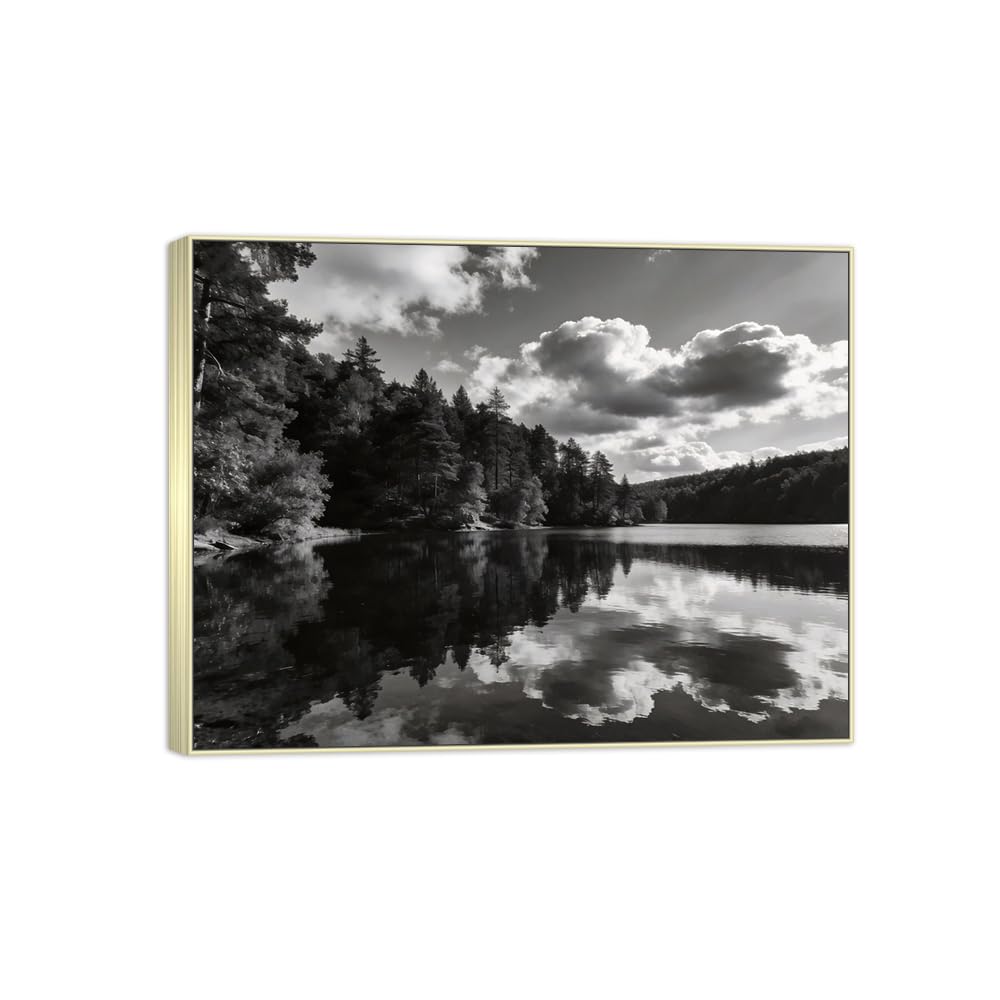 Forest Lake Black White Landscape Canvas Picture 90x117cm Silver Frame