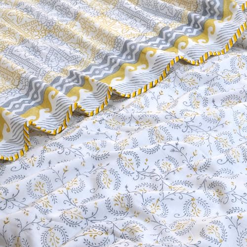 Image of TOAIArt Premium Jaipuri Dohar | AC Blanket Summer Quilt | Hand Block Printed | 3 Layers | Reversible | 150GSM 100% Mulmul Cotton | 100% Cotton Flannel Filling | Single 60 inch X 90 inch |Yellow Grey Jharokha