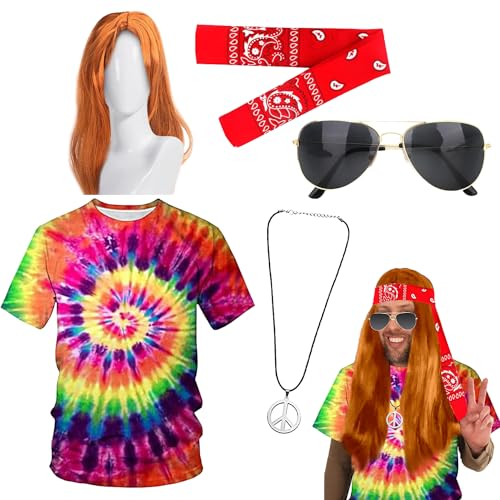 Conjunto disfarce hippie anos 60 e 70, 5 hippie costume set com colorido Tie Dye t-shirt Hipp-ie óculos de sol, diadema hippi-e, disfarce Hi-ppie peruca, colar de sinal de paz para festa carnaval