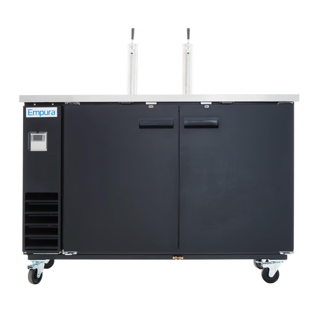 Empura 61" Dual Tap Beer Dispenser | Commercial Direct Draw Draft Kegerator for Restaurant Bar | (3) 1/2 Keg Capacity | 61.1"W x 24.4"D x 36.2"H, Stainless Steel Faucet Countertop, Black, 115v, NSF