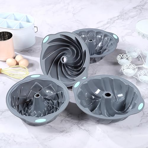Tongjude 4 Pieces Silicone Fluted Cake Pans, 10 Cups Tube Baking Pan, Silicone Molds for Homemade Cake, Bread and Jello, BPA Free, Grey