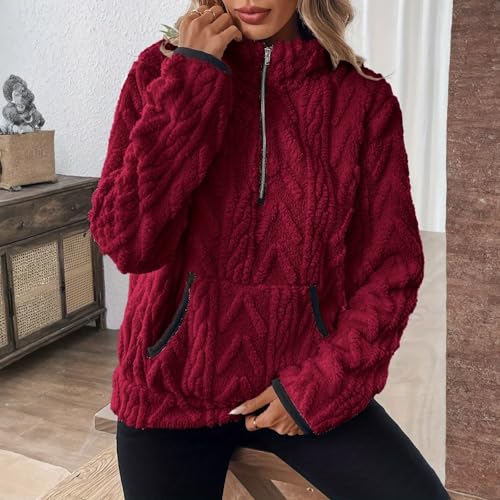 Rikbuig Maroon 3/4 Zip Pullover Womens Fleece Oversized Half Zip Sweatshirt - image 3