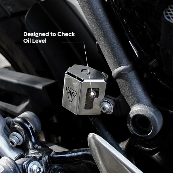 Image of Rear Resevoir Guard | Rear Brake Oil Container Cover Compatible with Triumph Speed 400 | speed T4 | Scrambler 400X | Scrambler 400XC (Silver, Pack of 1)