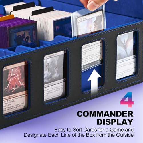 Image of UAONO Trading Card Storage Box with Commander Display; 2400+ Deck Box for MTG with Removable Cover; Top Loaders Card Case fits Magic TCG PTCG Sports Cards; 24 Dividers, 4 Stoppers (Black, Blue)