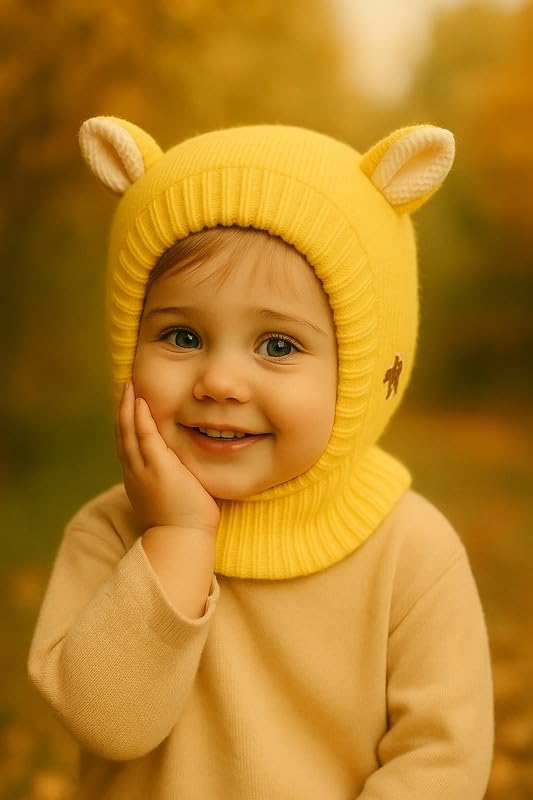 CAPICHINO Kids Winter Knitted Balaclava Hat with Cute Bear Ears – Warm Woolen Cap for Boys & Girls (Yellow,1-4 Years) 1