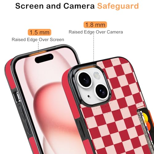 uCOLOR for iPhone 13 14 15 Case with Card Holder- Slim Leather Wallet Case Credit Card Holder Drop Protective Hidden Card Slot Cover for Woman Man (Red Checkerboard, iPhone 15/14/13) by uCOLOR - Used condition - Image 5