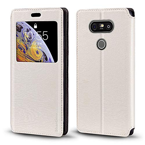 Shantime Viewable Window Leather Flip Case Compatible with LG G5, Elegant Design Clear Display Invisible Magnetic Cover and Card Slot(White)