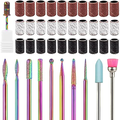 BBKON 10Pcs Nail Drill Bits with 30pcs Sanding Bands and Replacement Mandrel, Professional Tungsten Carbide Diamond Cuticle for Acrylic Nails Removal, Manicure Shaping Remove Tools, Home Salon Use Cover