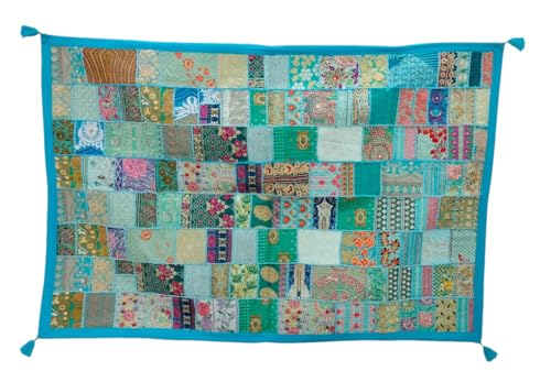 Image of Ekam Art Handmade Embroidered Patchwork Design Cotton Wall Hanging Tapestries 40 x 60 Inch (Turquoise)