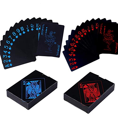 BETOY Spielkarten 2PCS wasserdichte Poker Karten Kunststoff Pokerkarten Black Spielkarten Spiele Kinder & Erwachsene Familienparty Spiel Playing Cards (Blau & Rot)