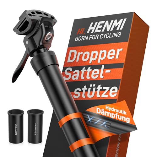 HENMI Luftdruck Teleskop-Sattelstütze mit Hydraulik-Dämpfung Höhenverstellbarer Dropper Post 3in1 für 27 2/30 9/31 6mm MTB Gravel & E-MTB inkl. 2 Reduzierhülsen
