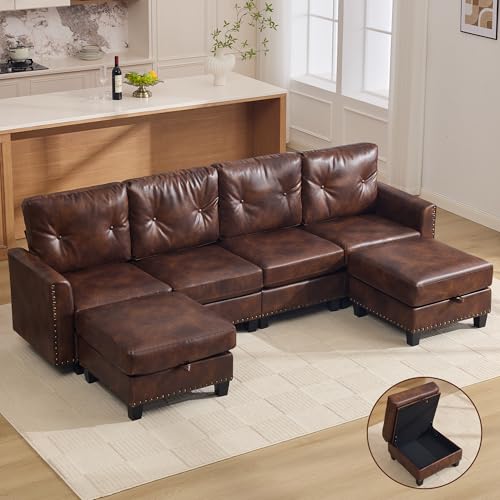 Image of 105 inch Faux Leather Modular Sectional 4 Seater Couch with 2 Storage Ottomans, Vintage PU Leather U Shaped Sofa with Nailhead Trim, Mid Century Modern Tufted Couches for Living Room, Office, Brown