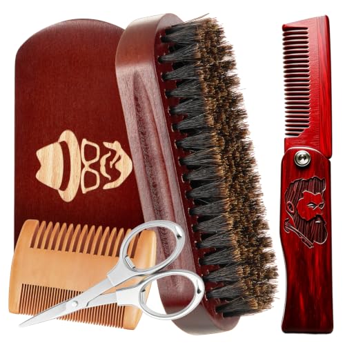 Image of Beard Brush Set for Men | with 100% Boar Bristle Black Walnut Wood Beard Brush, Foldable Beard Brush, Foldable Scissors, Beard Comb