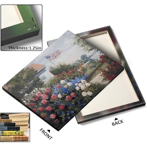 Image of Patriotic Memorial Day Canvas Wall Art, Garden Blooming Roses and Distant American Flag Oil Painting, Memorial Day Summer Backyard Print Framed Artwork for USA Country Home Wall Decor 24x30inch