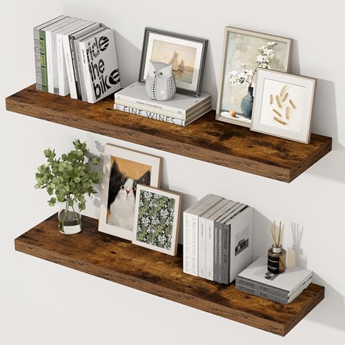 Image of 36 Inch Floating Shelves, 12 Inch Deep Floating Shelves for Wall, Extra Deeper & Thicker Wooden Wall Shelf with Invisible Brackets, Shelf for Bedroom Home Decor(Rustic Brown, Set of 2)