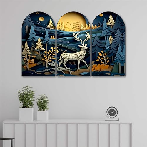 Image of Livin'luxe Blue Forest Deer Arch Shape Wall Painting Set of 3 | Night Landscape Art | MDF Textured Panels for Living Room, Bedroom, Hall & Home Wall Decoration (20 x 30 Inch) RPNS-35385