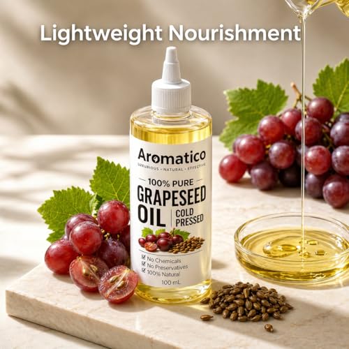 Image of AROMATICO Cold Pressed Grapeseed Oil for Skin & Hair - Lightweight Grape Seed Oil for Oily Scalp, Glowing Skin & Body Massage | 100ml