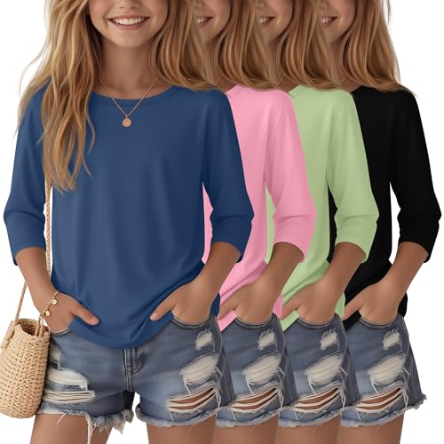 Image of 4 Pack Girls 3 /4 Sleeve T Shirts Kids Crewneck Elbow Sleeve Casual Tops Solid Basic Cute Teen Tees 5-14Y