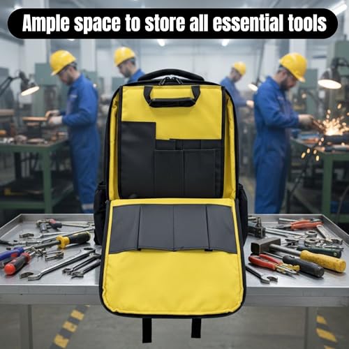 Image of PAHAL 19 Inch Heavy Duty Tool Backpack - Multipocket Fabric Tool Storage Organizer for Electrician, Technician, Service Engineer, Mechanic & Carpenter, Yellow Black-Titan Max