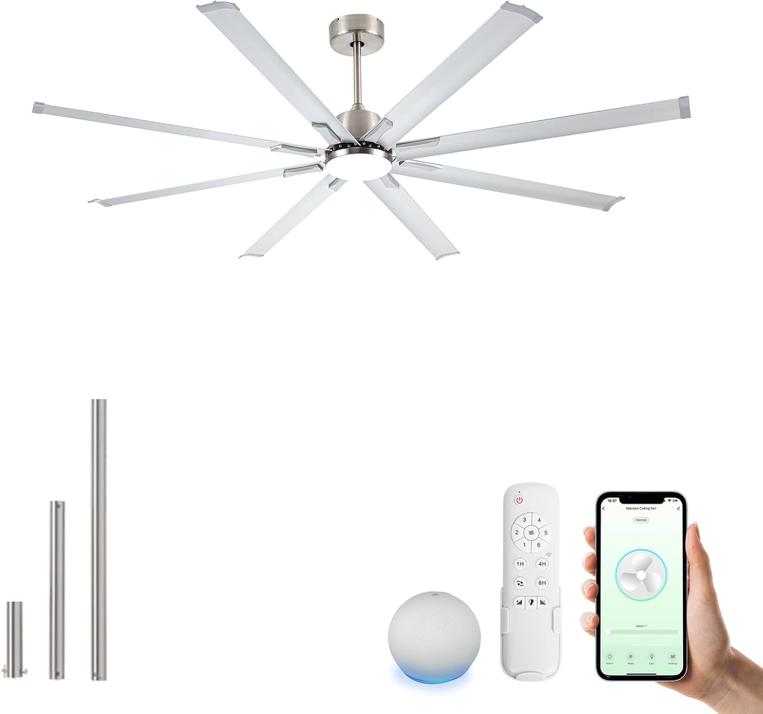 72 Inch Ceiling Fan with Light,Industrial Ceiling Fan with 8 Black Aluminium Blades,Smart Fan Compatible with Alexa,Garage Outdoor Indoor Fan for Patio and Living Room