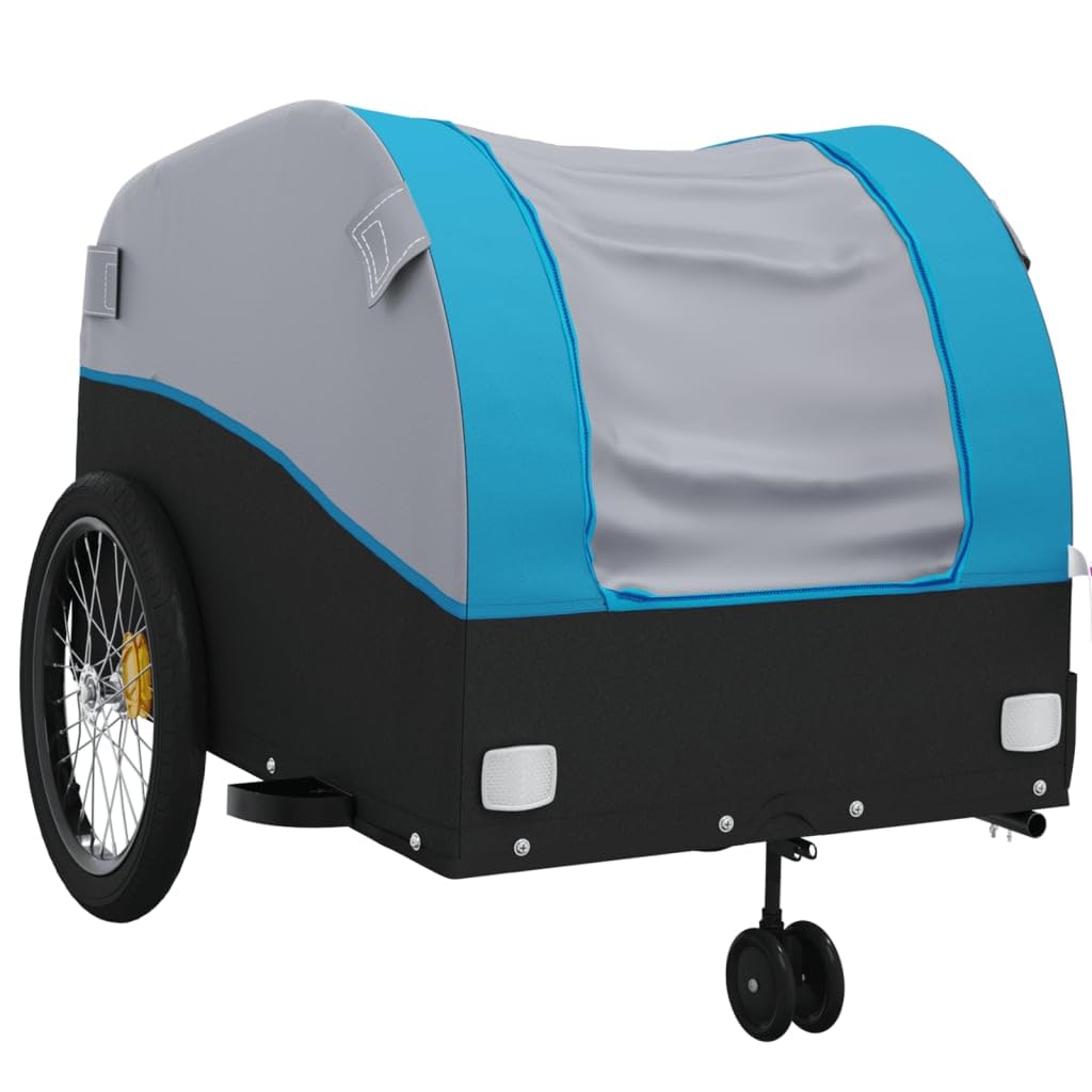 Przyczepa rowerowa, czarna i niebieska, z żelaza, udźwig 45 kg, 126 x 63 x 63 cm, składana z flagą bezpieczeństwa do ładunków, dzieci, psów, na zewnątrz, do transportu i na co dzień