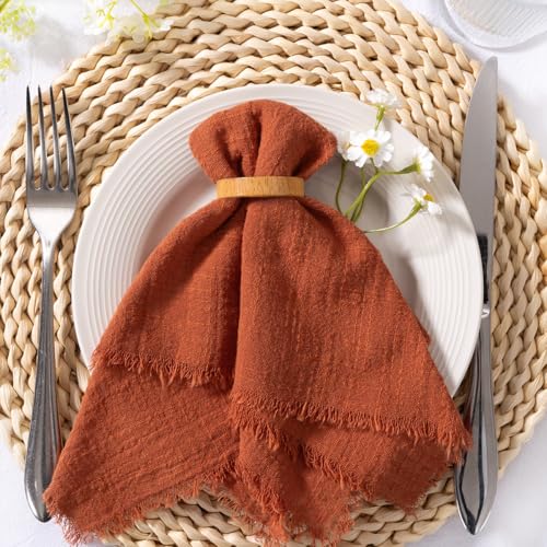 Image of MLMC 6 Pack Terracotta Cloth Napkins Boho Linen Napkins with Fringe Burnt Orange Rustic Dinner Napkins Washable Cloth Napkins 17 inchx17 inch for Wedding Party Bridal Baby Shower Home Decor